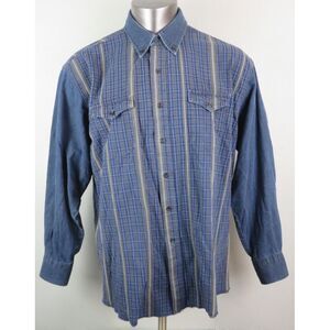 Mens Wrangler Denim Button Front Shirt Blue Plaid X-Long Tails 18-35 Brushpopper